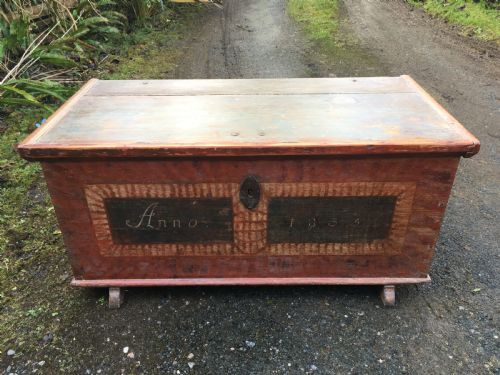 Large Antique Swedish Painted Pine Marriage Chest 1835