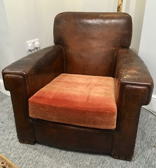 Large Antique 1920s English Leather Club Chair