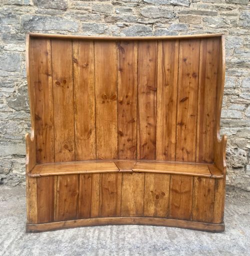 Large Antique Pine High Back Curved Box Settle