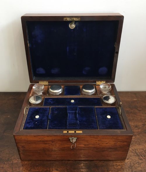fig 1. Victorian Rosewood Vanity Box with Silver Plated Bottles and Jewellery Drawer