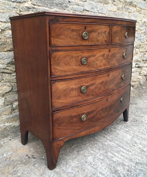fig 1. Antique Georgian Flame Mahogany Bow Front Chest of Drawers