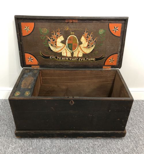 Antique Teak Seamans Chest with Painted Decoration