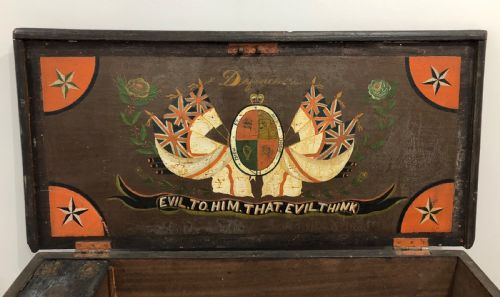 fig 1. Antique Teak Seamans Chest with Painted Decoration