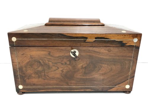 Antique Georgian Rosewood and Mother of Pearl Inlaid Tea Caddy