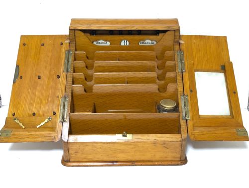 Antique Edwardian Oak Desktop Stationery Cabinet with Calendar