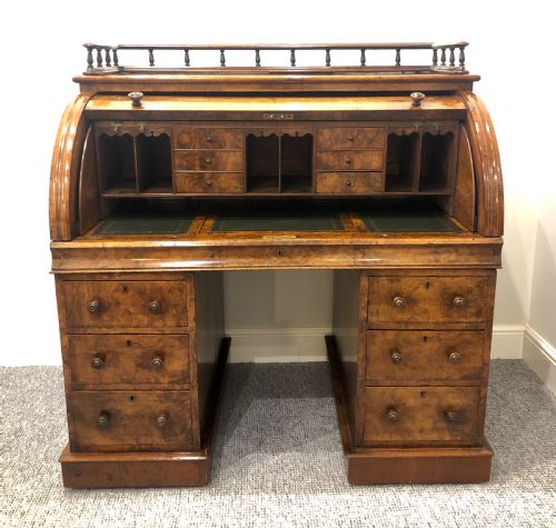 fig 1. Antique Victorian Burr Walnut Roll Top Desk