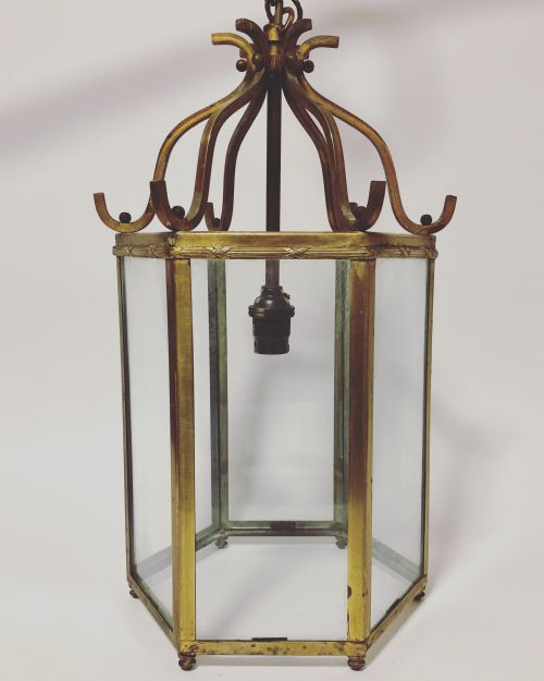 Antique Brass Framed Hexagonal Glass Lantern