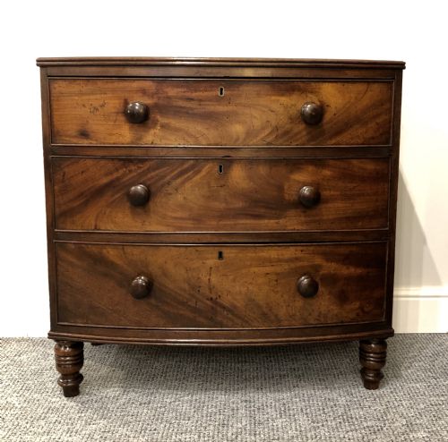 fig 1. Small Georgian Flame Mahogany Bow Front Chest of Drawers