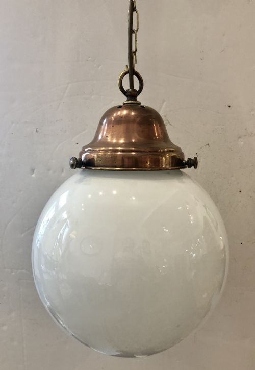 Antique Opaline Glass Globe Pendant Light with Copper Gallery
