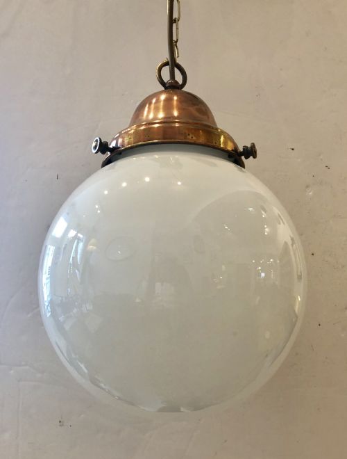 fig 1. Antique Opaline Glass Globe Pendant Light with Copper Gallery