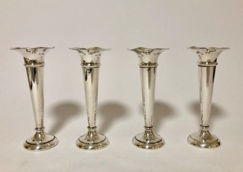 Set of 4 Antique Solid Sterling Silver Trumpet Posy Vases