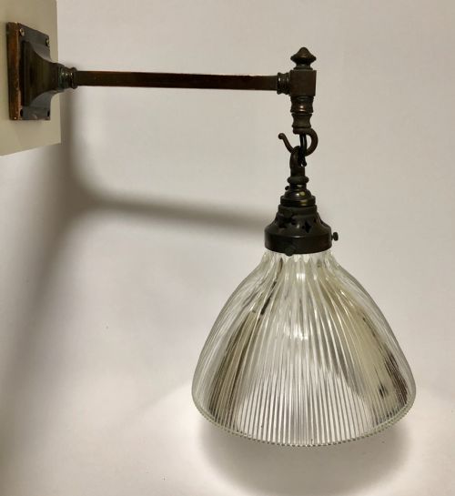 Antique Holophane Prismatic Glass Pendant Light on Wall Mounted Bracket 12 Available