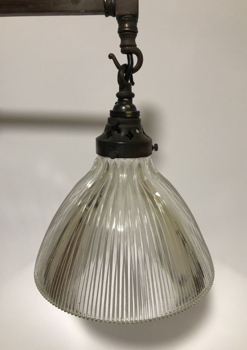 fig 1. Antique Holophane Prismatic Glass Pendant Light on Wall Mounted Bracket 12 Available