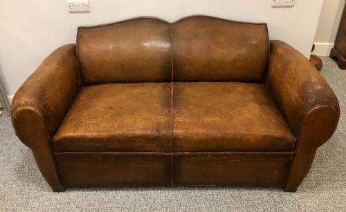 Antique French Moustache Back Leather Club Sofa