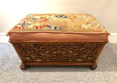 Antique Victorian Fretwork Ottoman with Upholstered Needlepoint Seat