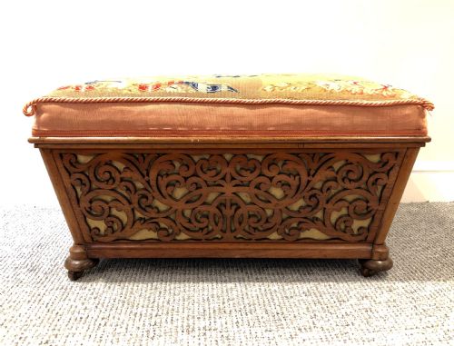 fig 1. Antique Victorian Fretwork Ottoman with Upholstered Needlepoint Seat