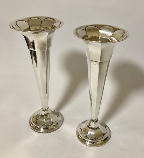 Pair of Antique Solid Sterling Silver Trumpet Vases