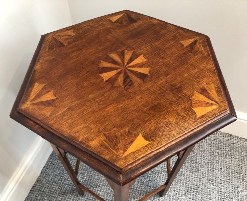 fig 1. Antique Arts and Crafts Hexagonal Moorish Style Inlaid Side Table
