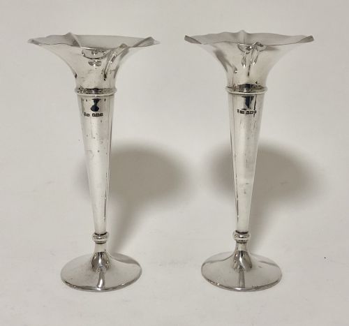 Pair of Antique Solid Sterling Trumpet Vases
