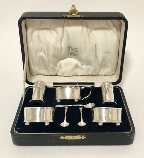 Antique Solid Silver 5 Piece Condiment Cruet Set in Fitted Case