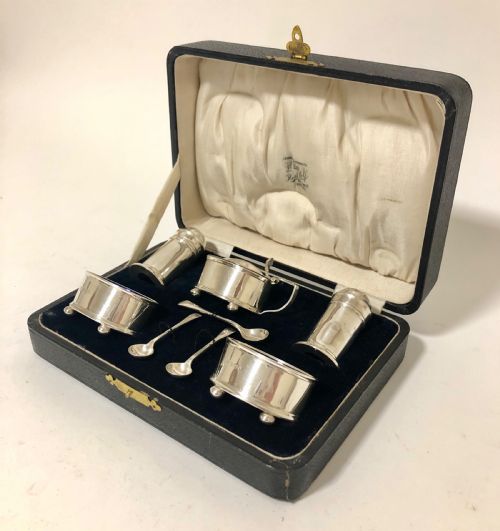 fig 1. Antique Solid Silver 5 Piece Condiment Cruet Set in Fitted Case