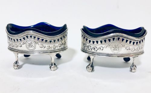 Pair of Georgian Silver Salt Cellars with Blue Glass Liners