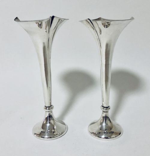 Pair of Antique Solid Silver Trumpet Vases