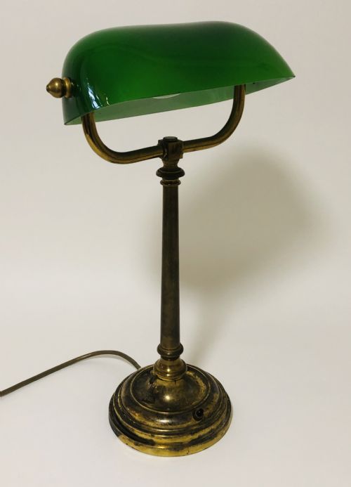 Antique Brass Bankers Desk Lamp with Green Glass Shade