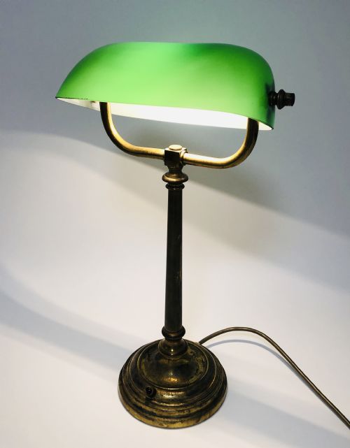 fig 1. Antique Brass Bankers Desk Lamp with Green Glass Shade