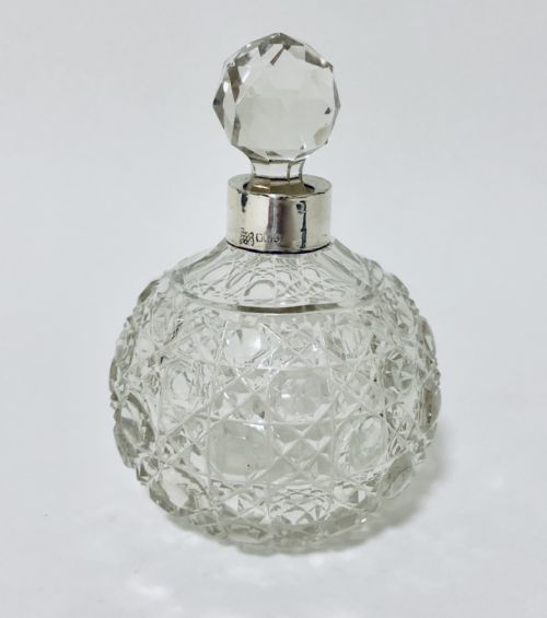 Large Antique Edwardian Cut Glass Scent Bottle with Solid Silver Collar