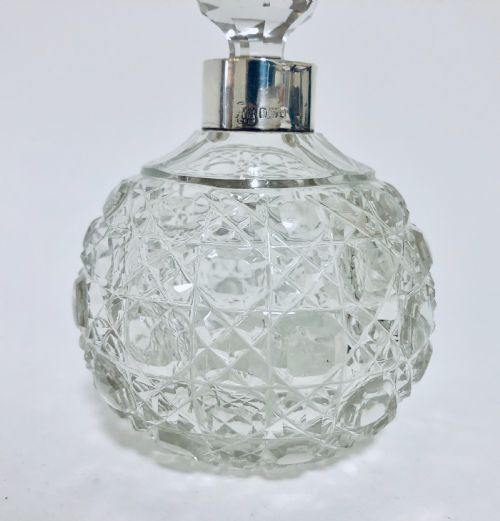 fig 1. Large Antique Edwardian Cut Glass Scent Bottle with Solid Silver Collar