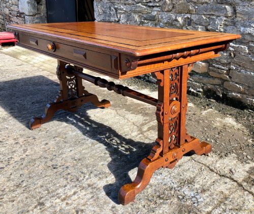 fig 1. Victorian Gothic Revival Oak Library Table with Coromandel Inlay