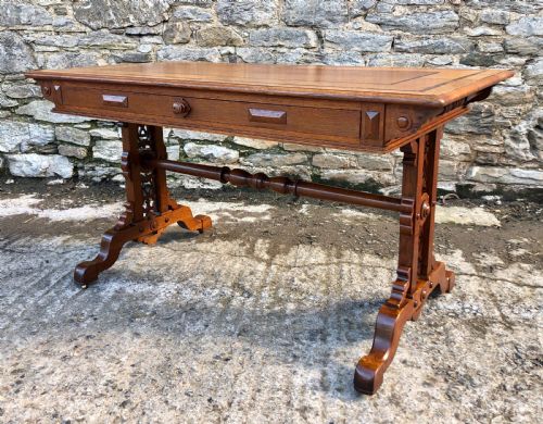 fig 2. Victorian Gothic Revival Oak Library Table with Coromandel Inlay