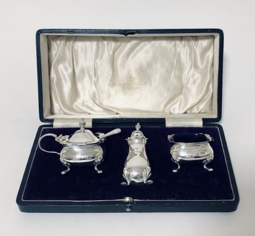 Antique Solid Sterling Silver Cruet Set in Case