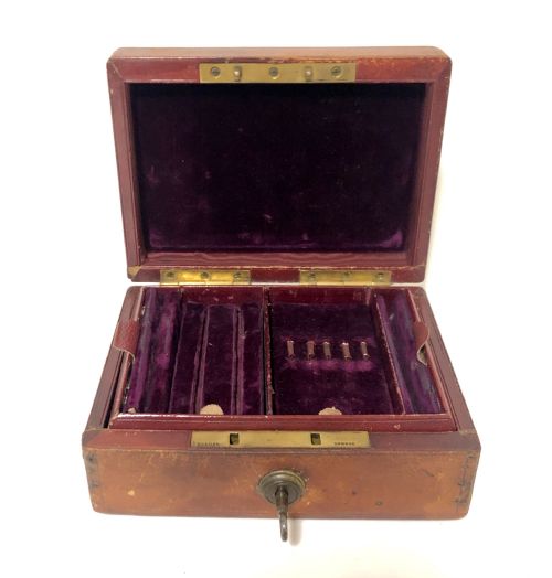Antique Victorian Leather Fitted Jewellery Box with Bramah Lock