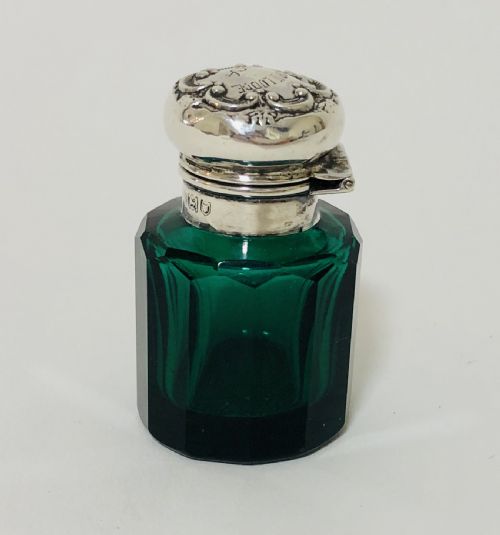 Antique Emerald Green Glass Scent Bottle with Silver Top