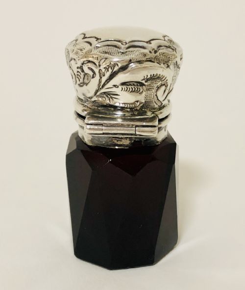 fig 1. Victorian Ruby Red Cut Glass Scent Bottle with Silver Top