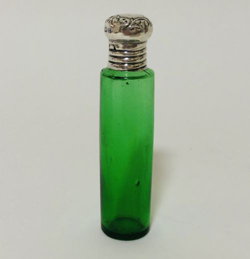 Antique Green Glass Scent Bottle with Solid Silver Top
