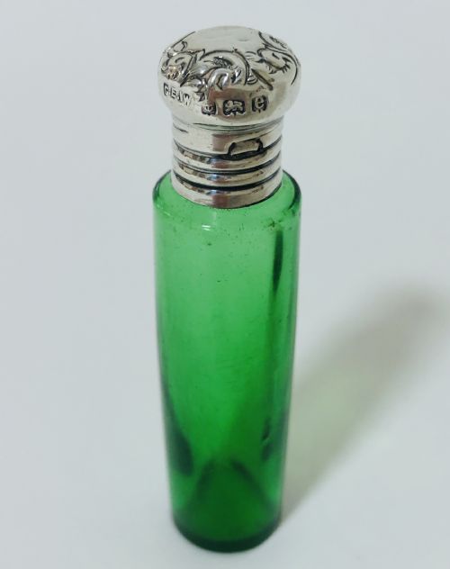 fig 1. Antique Green Glass Scent Bottle with Solid Silver Top