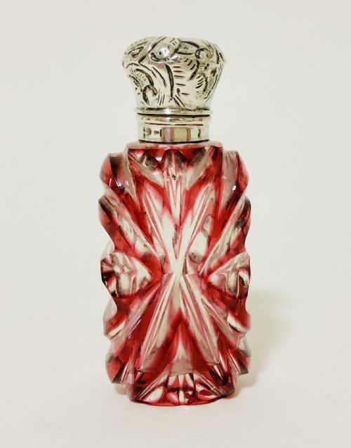 Victorian Ruby Red Glass Overlay Scent Bottle with Silver Top