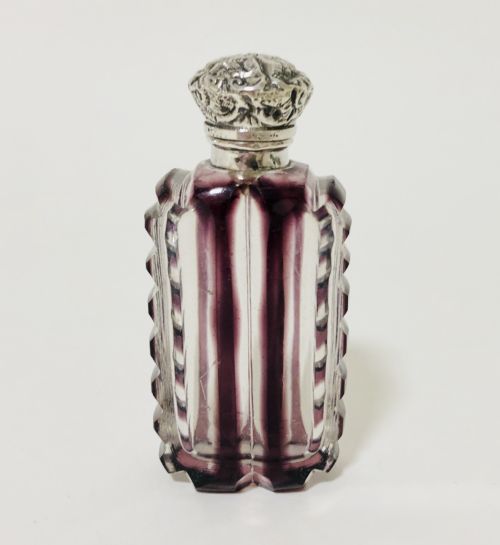 Antique Scent Bottle with Silver Top and Amethyst Purple Glass Overlay