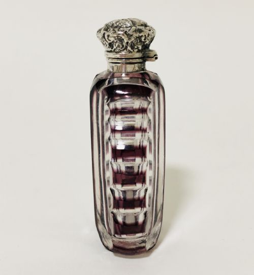 fig 1. Antique Scent Bottle with Silver Top and Amethyst Purple Glass Overlay