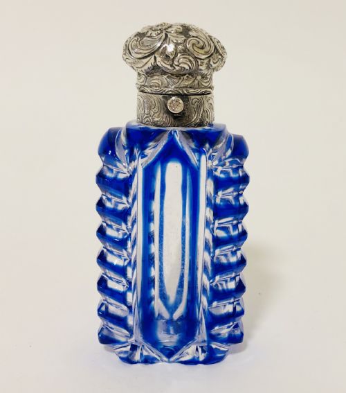 Antique Blue Glass Overlay Scent Bottle with Silver Top