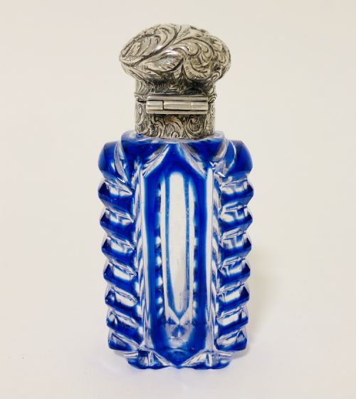 fig 1. Antique Blue Glass Overlay Scent Bottle with Silver Top