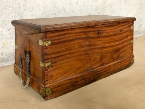 Antique Camphor Sea Chest with Rope Handles and Alarmed Lock