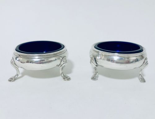Pair of Georgian Solid Silver Salt Cellars with Blue Glass Liners