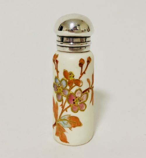 Victorian Porcelain Painted Scent Bottle with Solid Silver Top