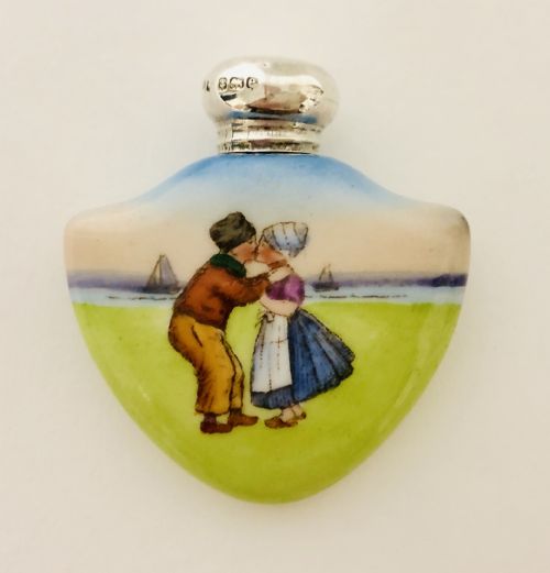 Antique Porcelain Dutch Scene Scent Bottle with Solid Silver Top