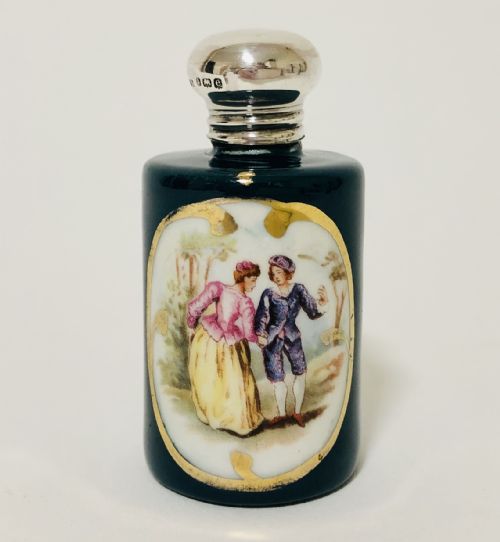 Antique Painted Porcelain Scent Bottle with Solid Silver Top