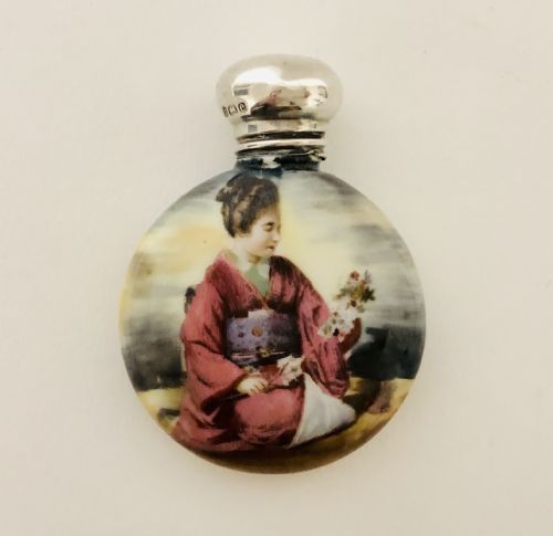 Antique Painted Porcelain Chinese Scent Bottle with Solid Silver Top